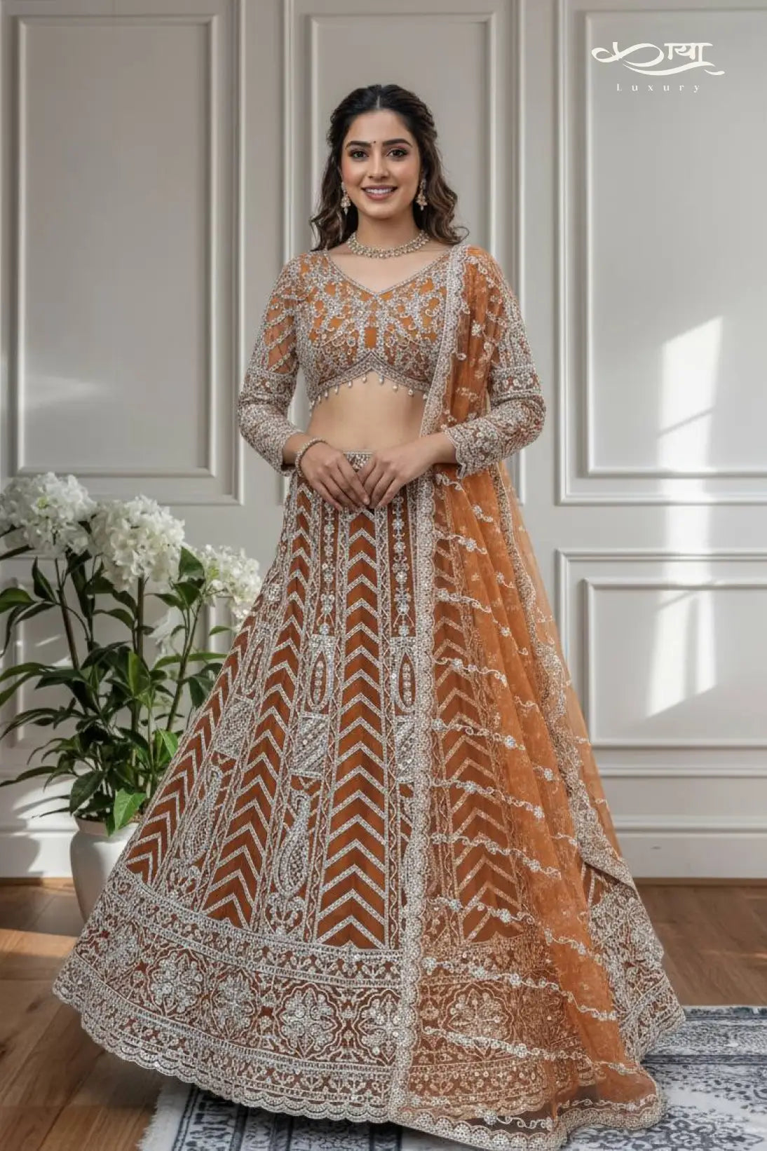 Rust Orange Butterfly Net Hand-Embroidered Lehenga Ensemble