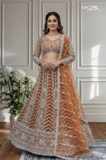 Rust Orange Butterfly Net Hand-Embroidered Lehenga Ensemble