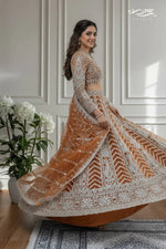 Rust Orange Butterfly Net Hand-Embroidered Lehenga Ensemble