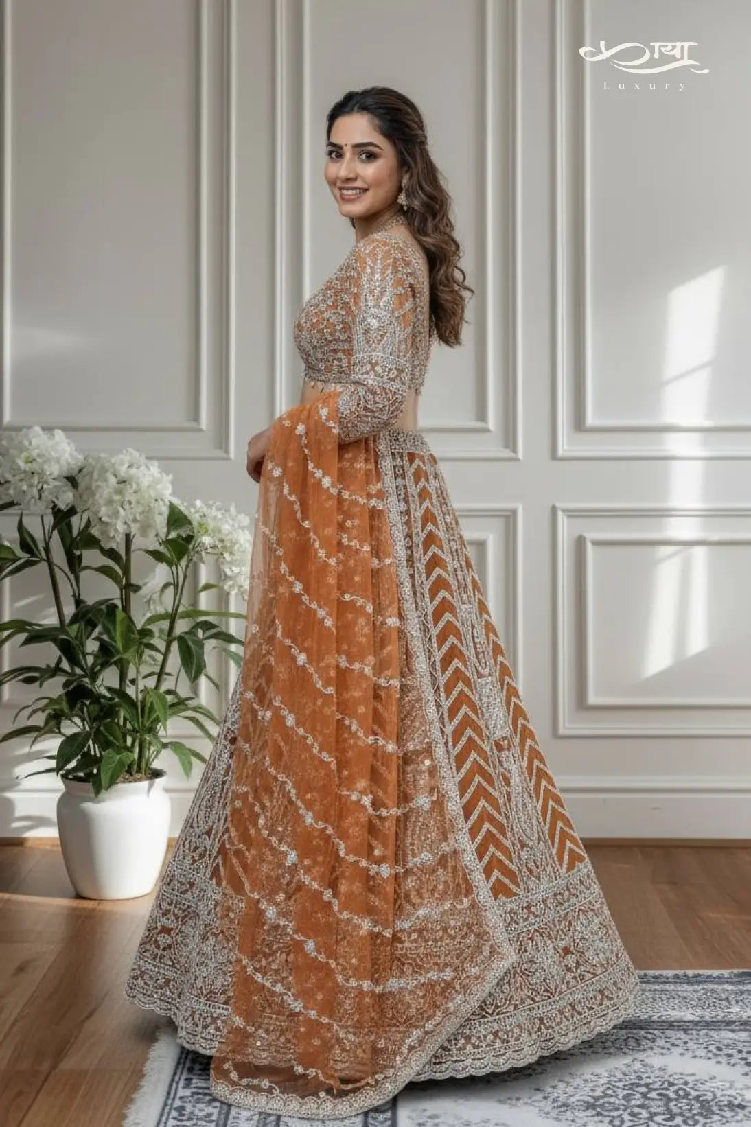 Rust Orange Butterfly Net Hand-Embroidered Lehenga Ensemble