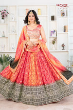Sunset Chinon Silk Printed and Embroidered Lehenga Ensemble