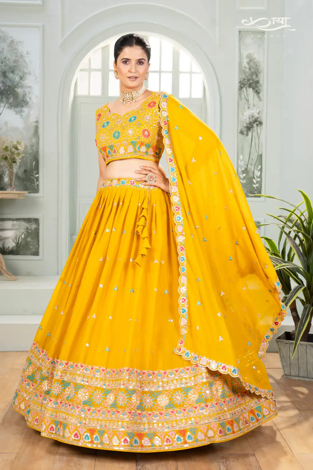 Sunshine Yellow Star Georgette Embroidered Lehenga Ensemble