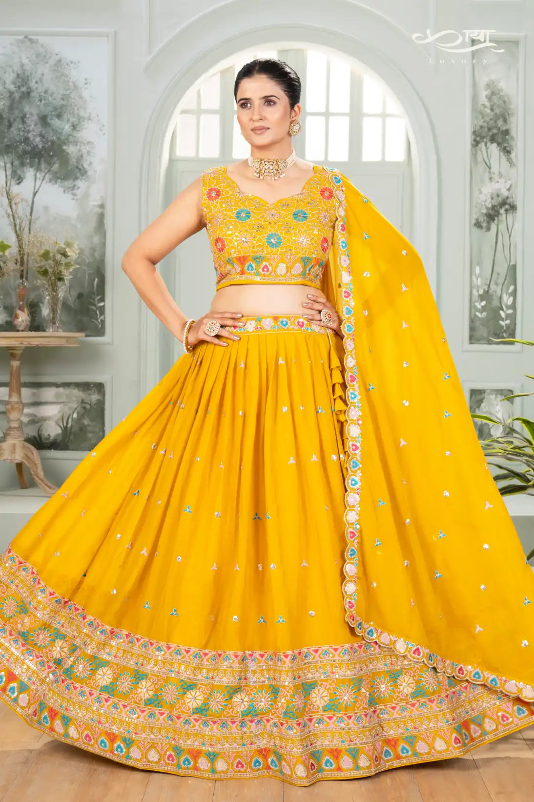 Sunshine Yellow Star Georgette Embroidered Lehenga Ensemble