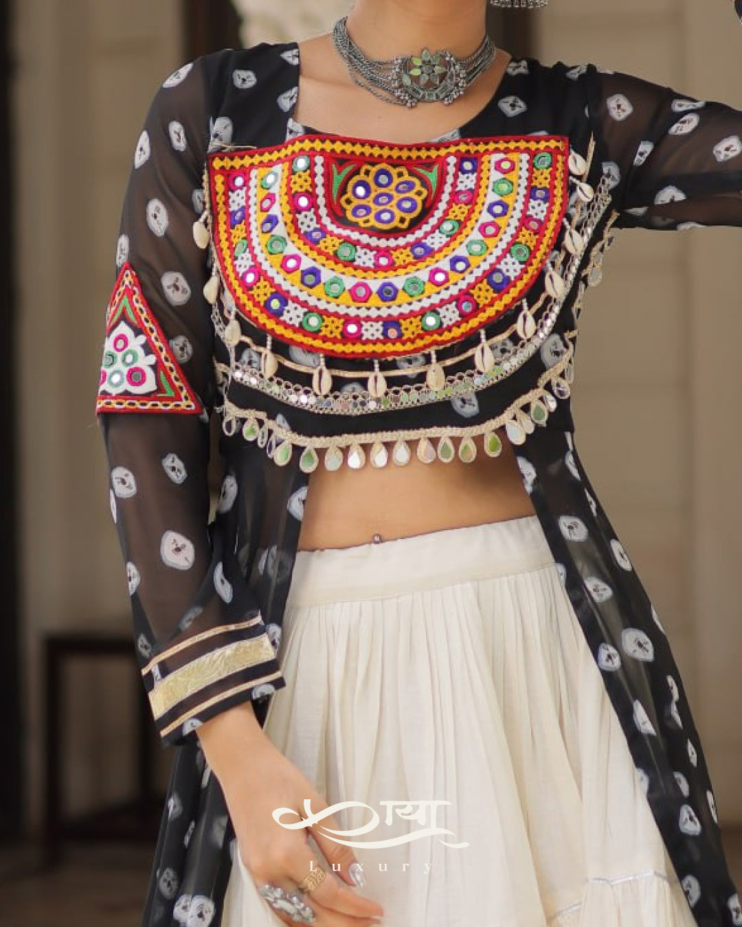 12-Meter Flair Kora Cotton Lehenga with Bandhani Kutchi Patchwork Georgette Kurti| Navratri Collection 2025