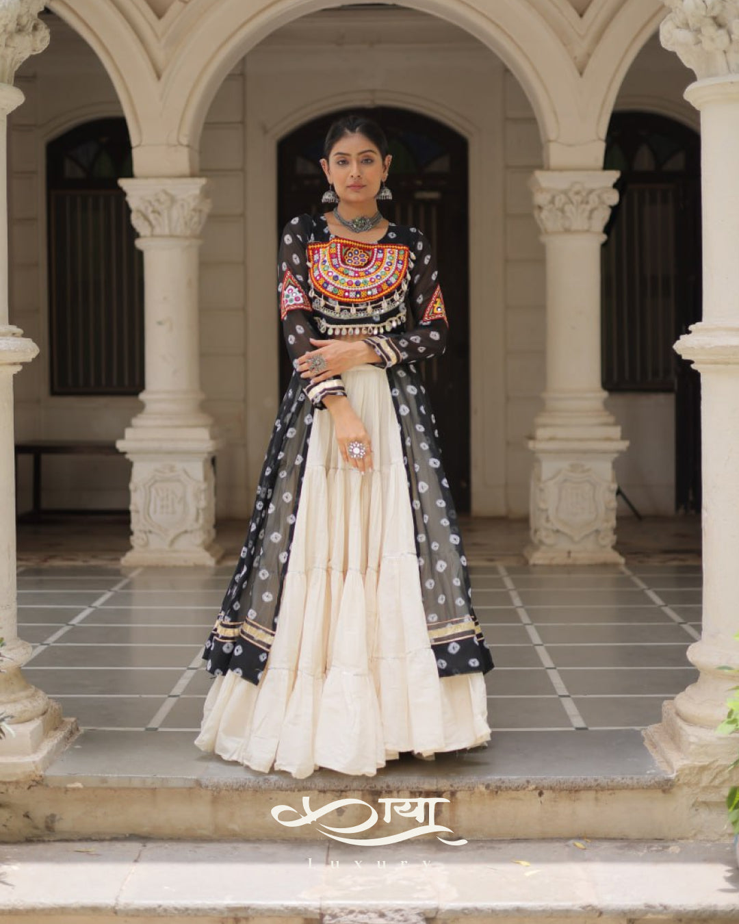 12-Meter Flair Kora Cotton Lehenga with Bandhani Kutchi Patchwork Georgette Kurti| Navratri Collection 2025