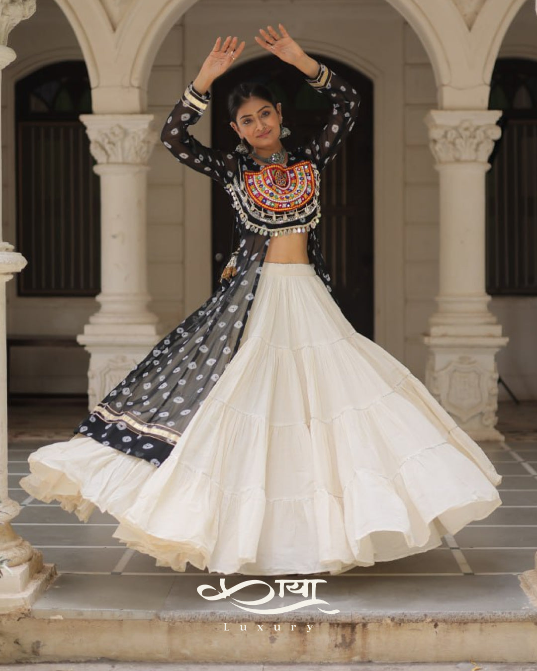 12-Meter Flair Kora Cotton Lehenga with Bandhani Kutchi Patchwork Georgette Kurti| Navratri Collection 2025