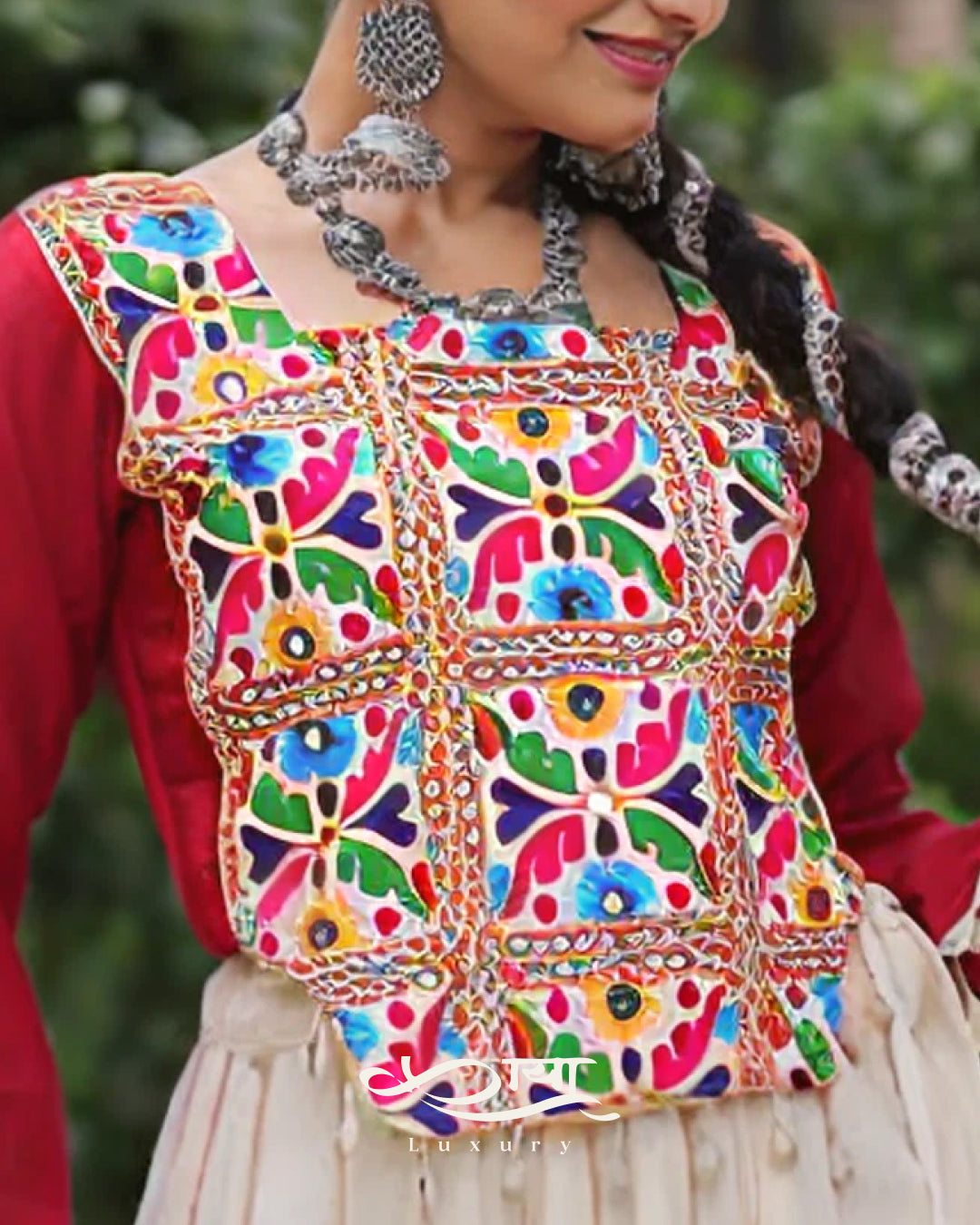 Kora Cotton Gota-Patti Navratri Lehenga Choli with Embroidered Roman Silk Blouse