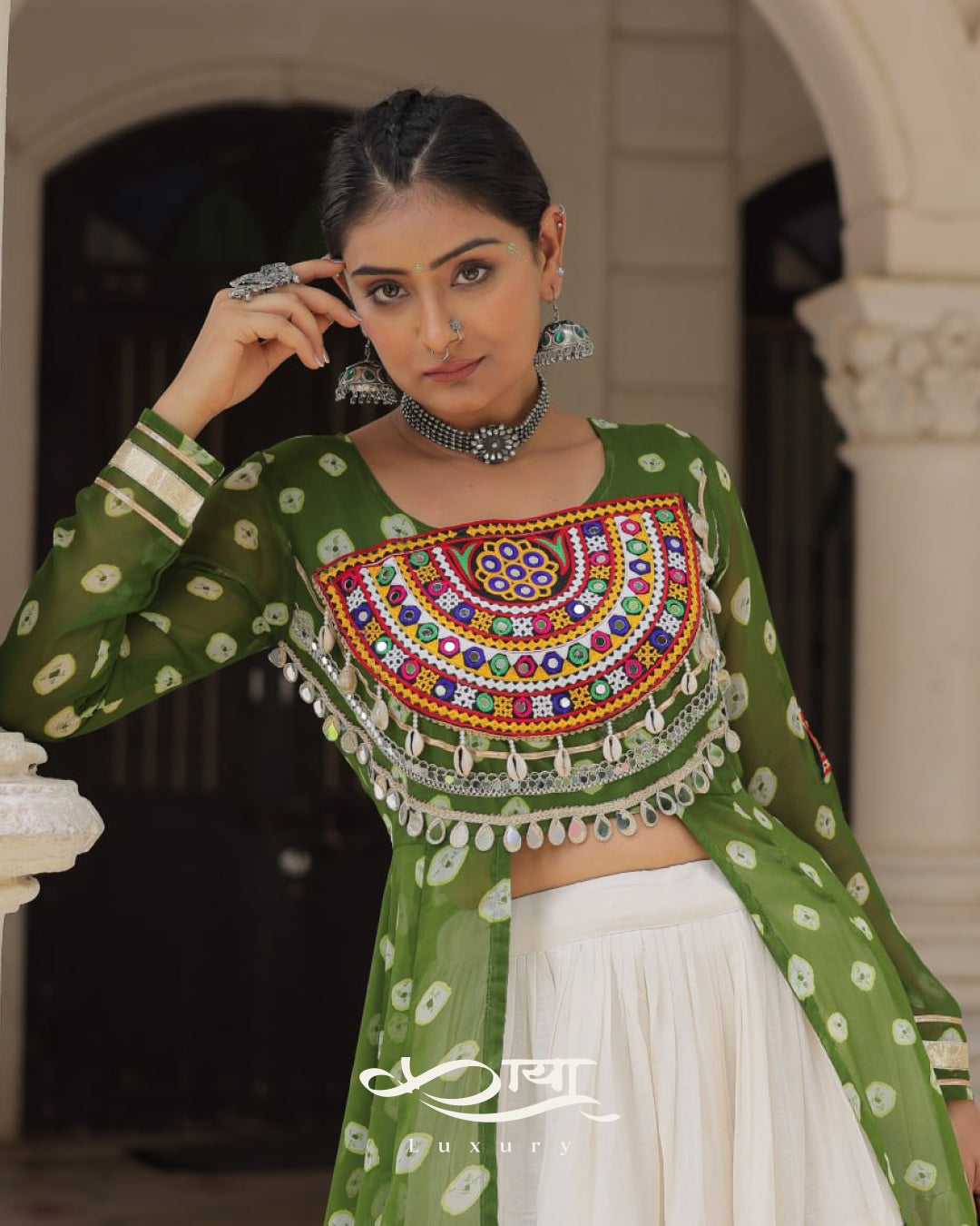 12-Meter Flair Kora Cotton Lehenga with Bandhani Kutchi Patchwork Georgette Kurti| Navratri Collection 2025