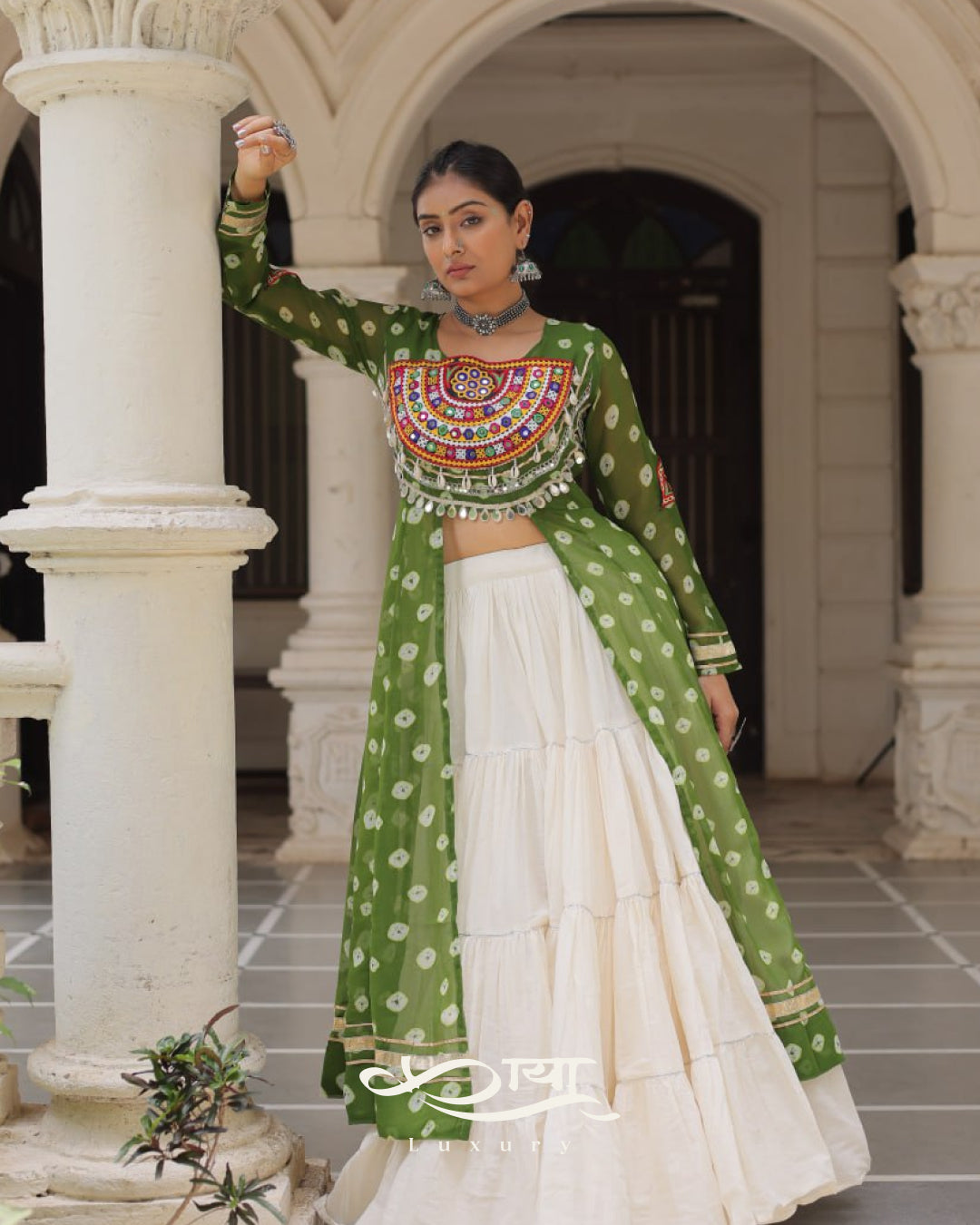 12-Meter Flair Kora Cotton Lehenga with Bandhani Kutchi Patchwork Georgette Kurti| Navratri Collection 2025