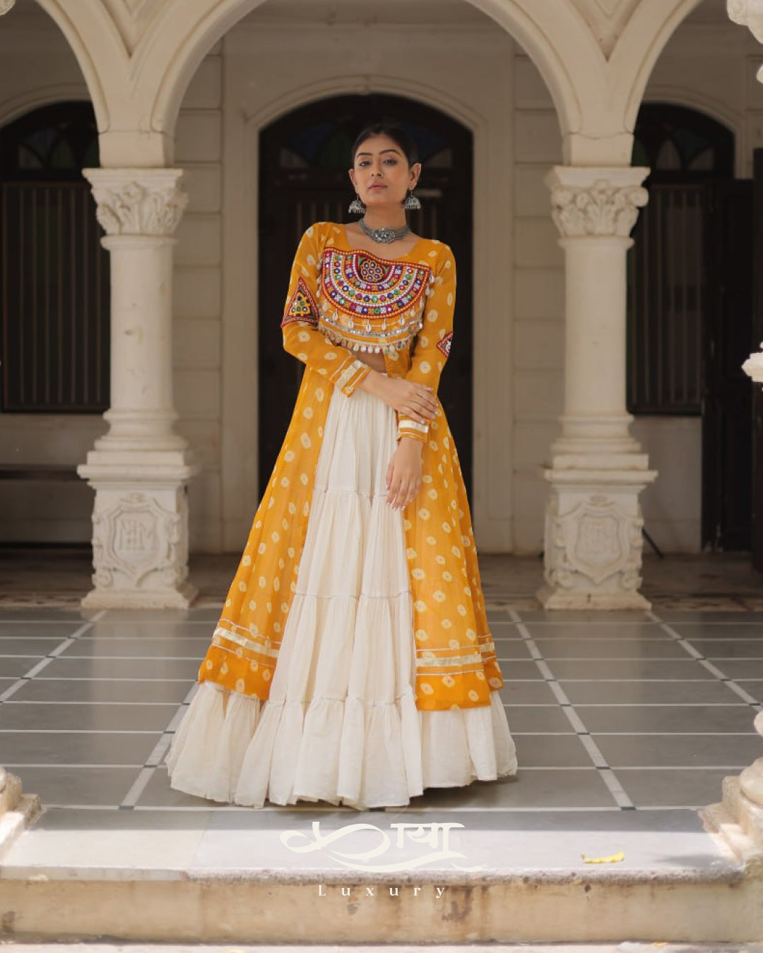 12-Meter Flair Kora Cotton Lehenga with Bandhani Kutchi Patchwork Georgette Kurti| Navratri Collection 2025