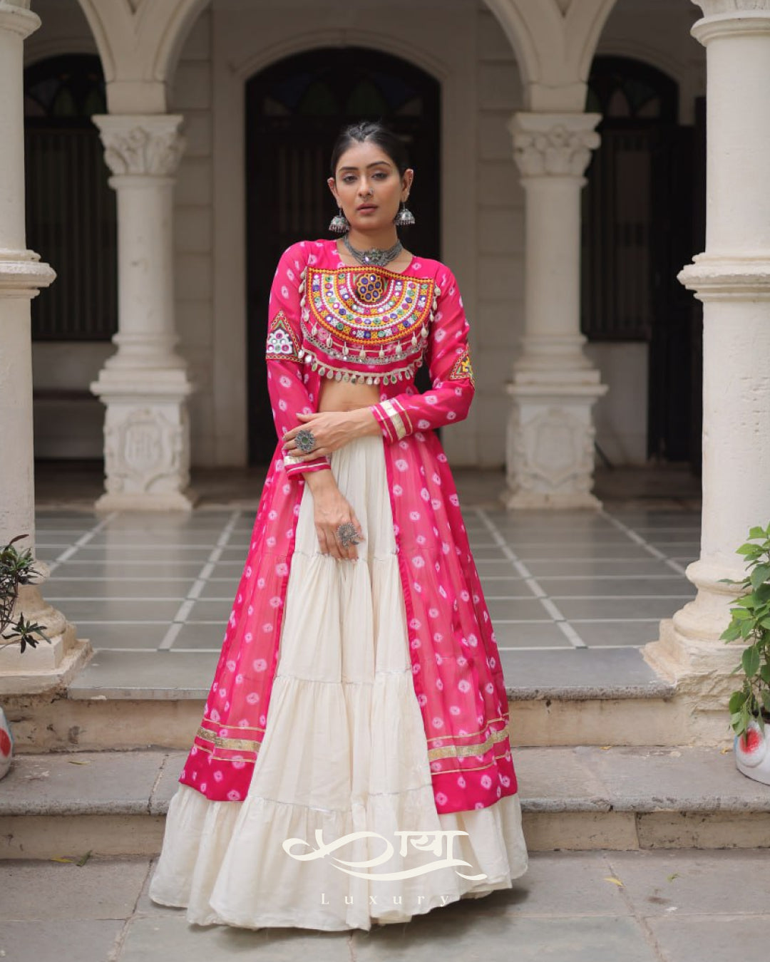 12-Meter Flair Kora Cotton Lehenga with Bandhani Kutchi Patchwork Georgette Kurti| Navratri Collection 2025