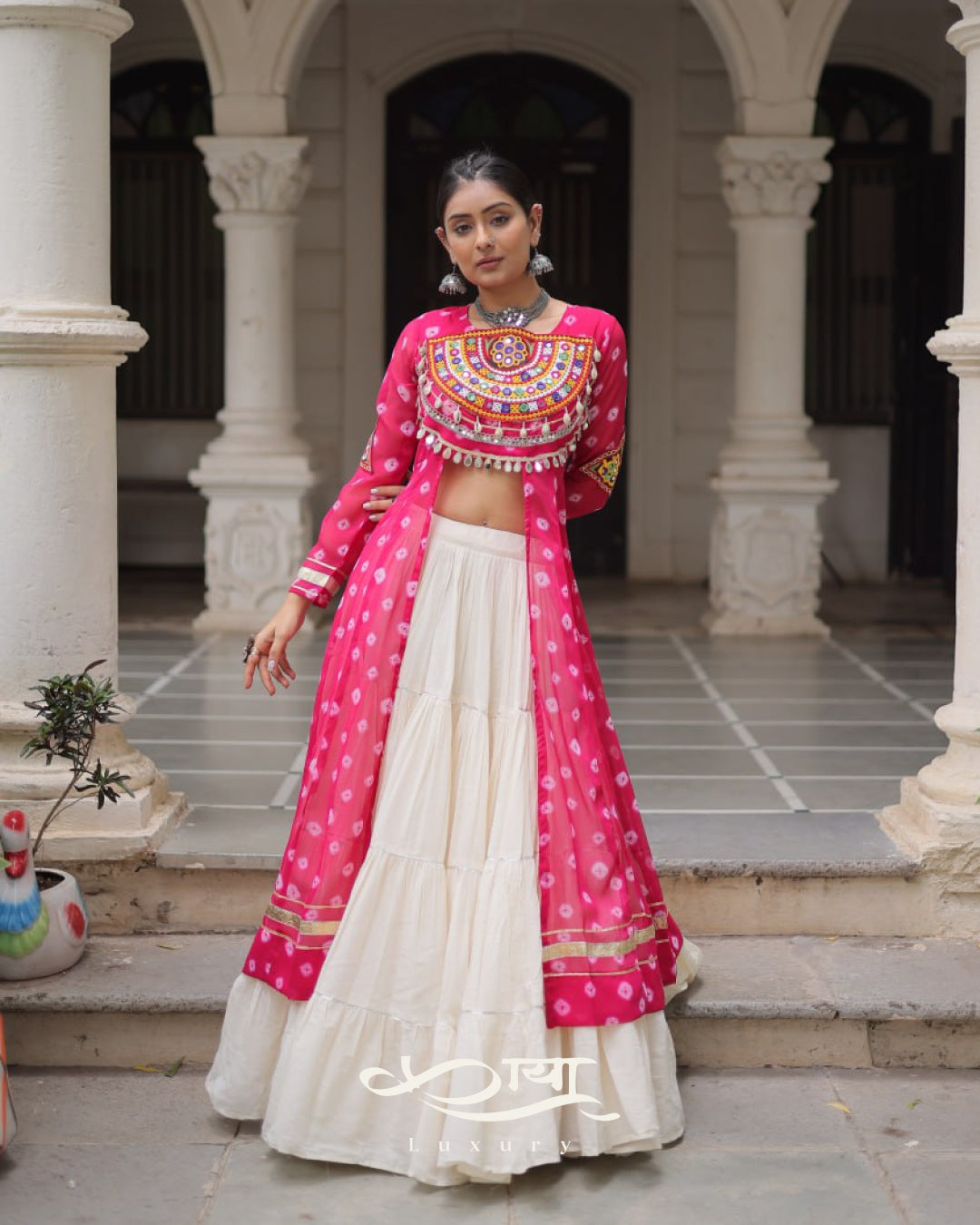 12-Meter Flair Kora Cotton Lehenga with Bandhani Kutchi Patchwork Georgette Kurti| Navratri Collection 2025