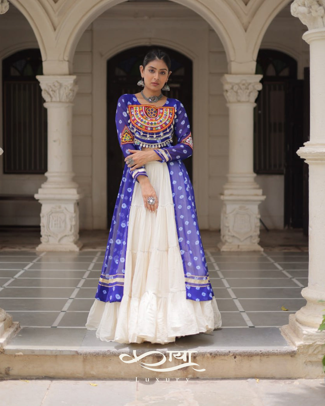 12-Meter Flair Kora Cotton Lehenga with Bandhani Kutchi Patchwork Georgette Kurti| Navratri Collection 2025