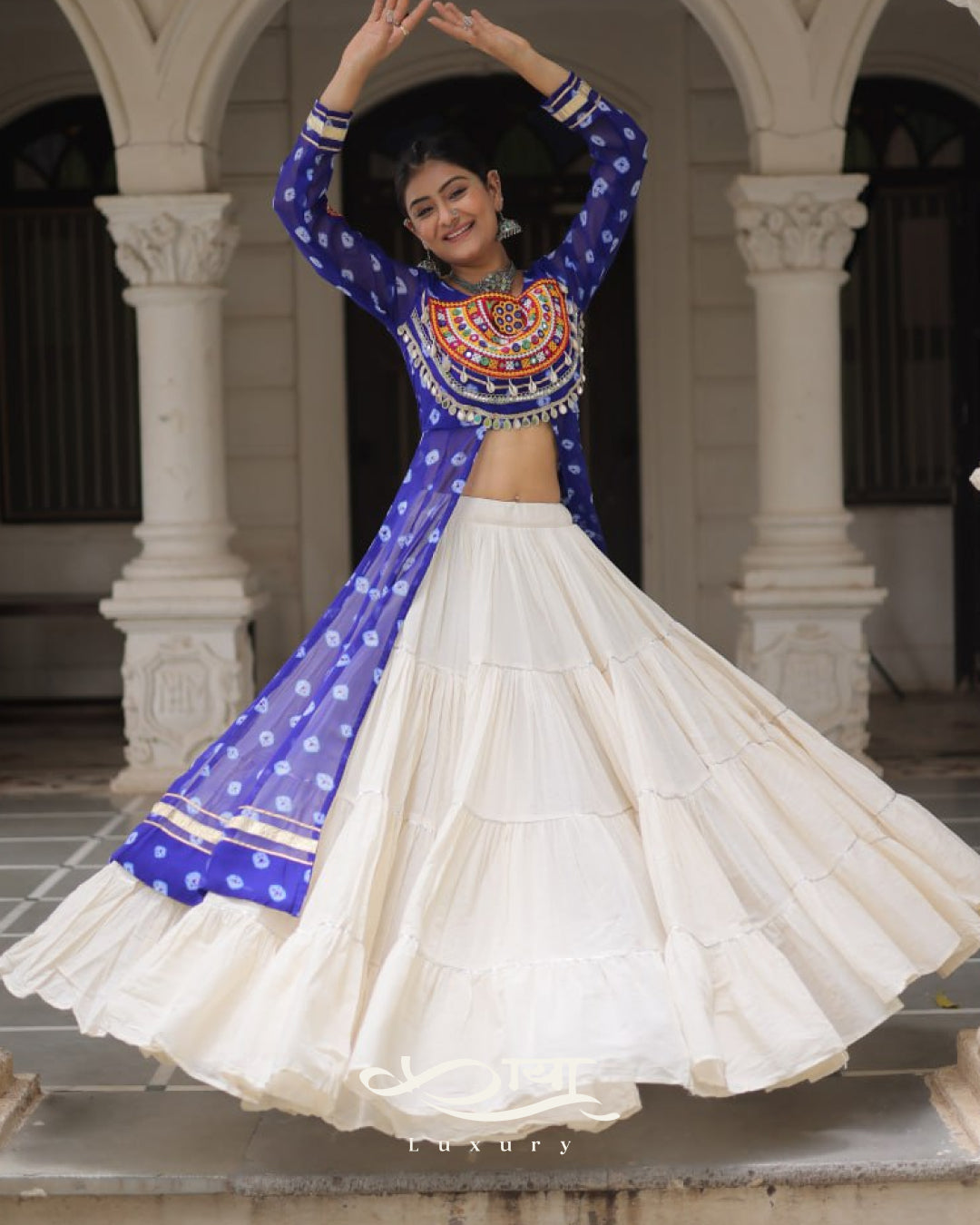 12-Meter Flair Kora Cotton Lehenga with Bandhani Kutchi Patchwork Georgette Kurti| Navratri Collection 2025