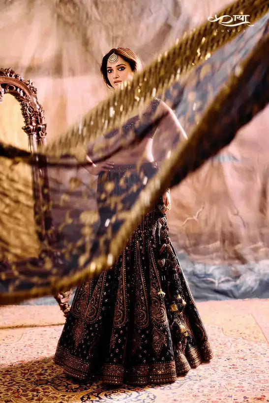 Regal Black Jalpuri Silk Embroidered Lehenga Set