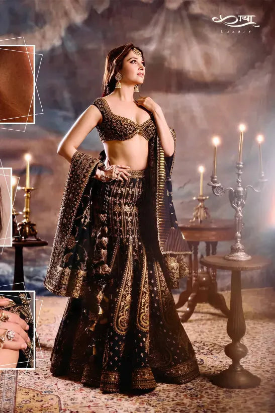 Regal Black Jalpuri Silk Embroidered Lehenga Set