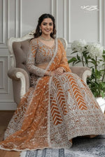 Rust Orange Butterfly Net Hand-Embroidered Lehenga Ensemble
