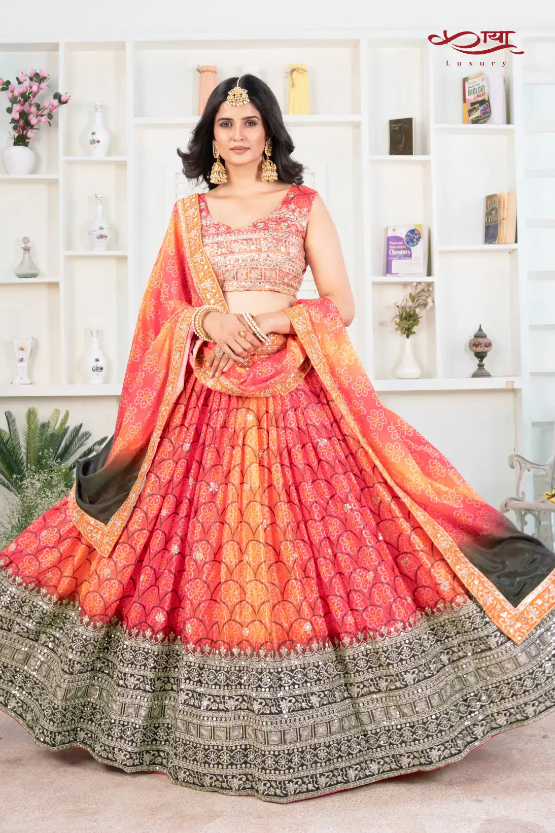 Sunset Chinon Silk Printed and Embroidered Lehenga Ensemble