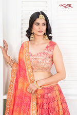 Sunset Chinon Silk Printed and Embroidered Lehenga Ensemble