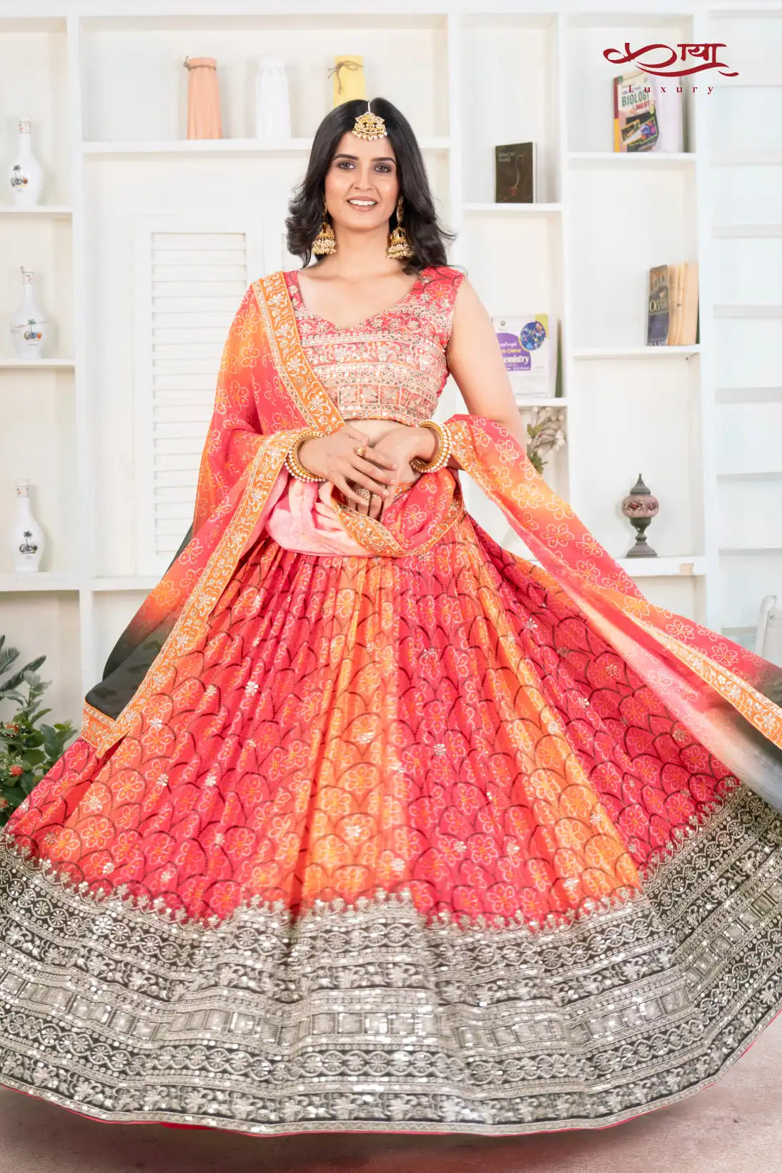 Sunset Chinon Silk Printed and Embroidered Lehenga Ensemble