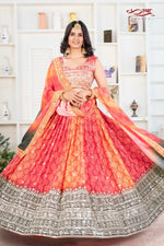 Sunset Chinon Silk Printed and Embroidered Lehenga Ensemble