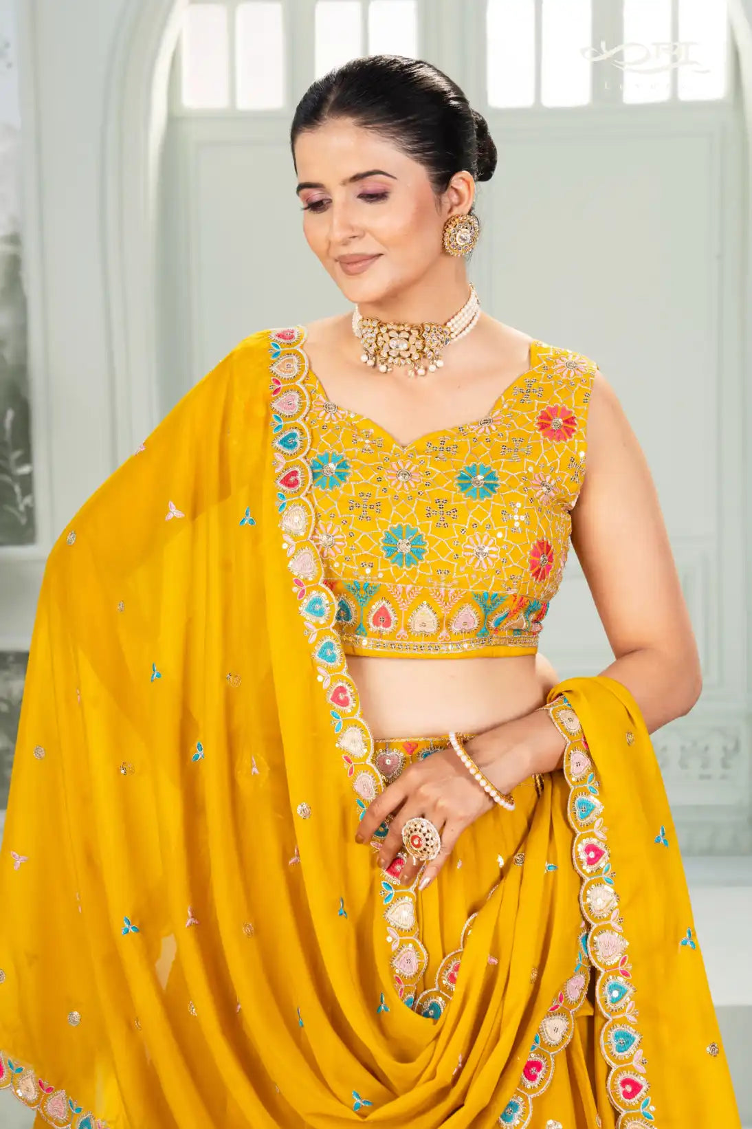 Sunshine Yellow Star Georgette Embroidered Lehenga Ensemble