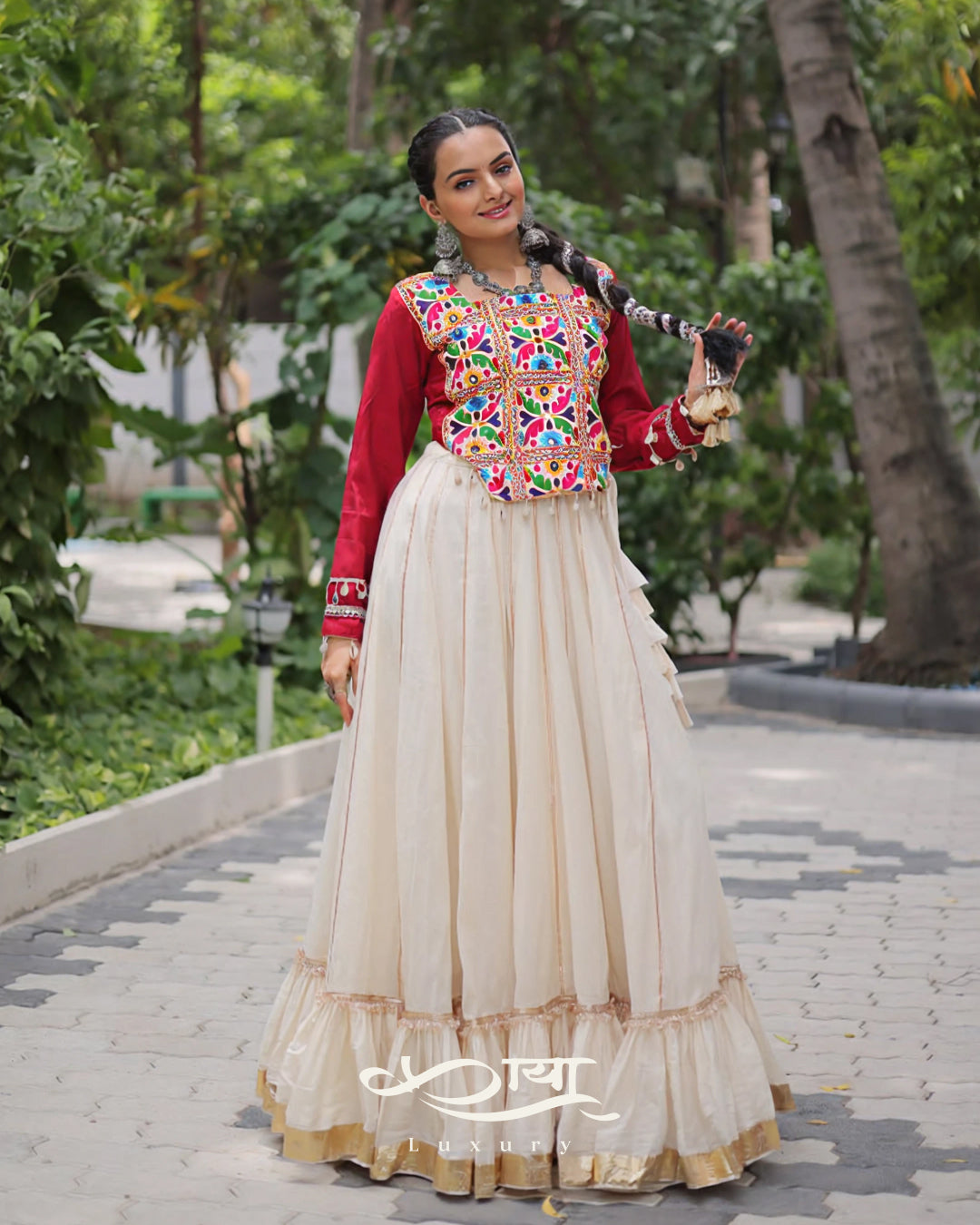 Kora Cotton Gota-Patti Navratri Lehenga Choli with Embroidered Roman Silk Blouse