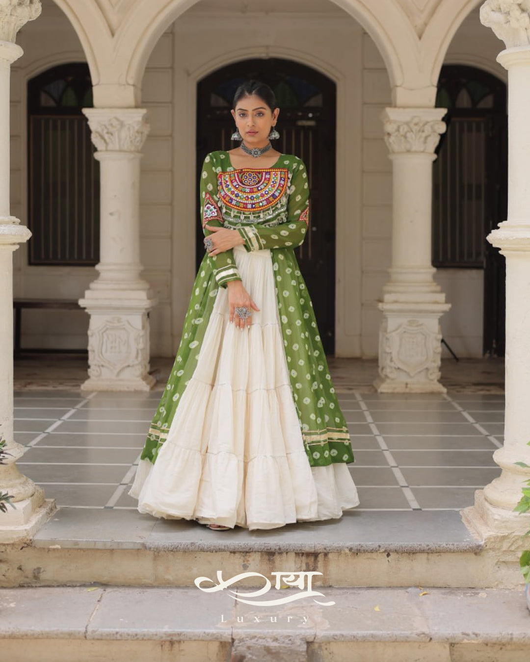 12-Meter Flair Kora Cotton Lehenga with Bandhani Kutchi Patchwork Georgette Kurti| Navratri Collection 2025