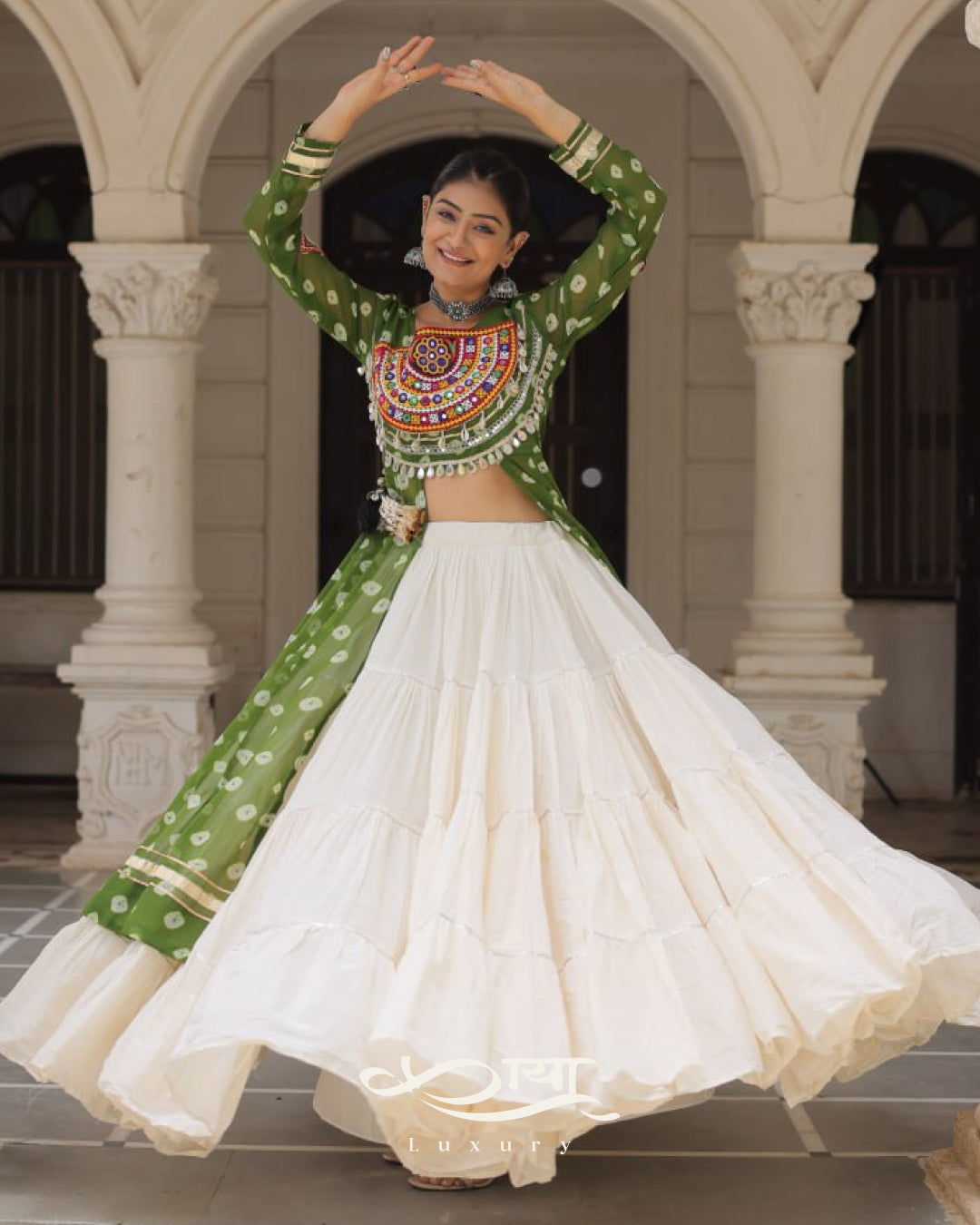 12-Meter Flair Kora Cotton Lehenga with Bandhani Kutchi Patchwork Georgette Kurti| Navratri Collection 2025