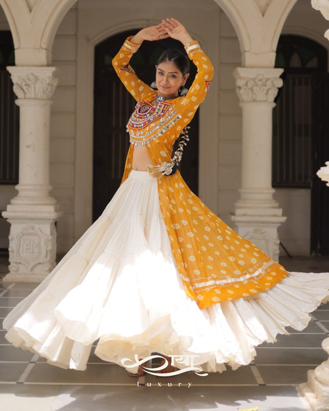 12-Meter Flair Kora Cotton Lehenga with Bandhani Kutchi Patchwork Georgette Kurti| Navratri Collection 2025