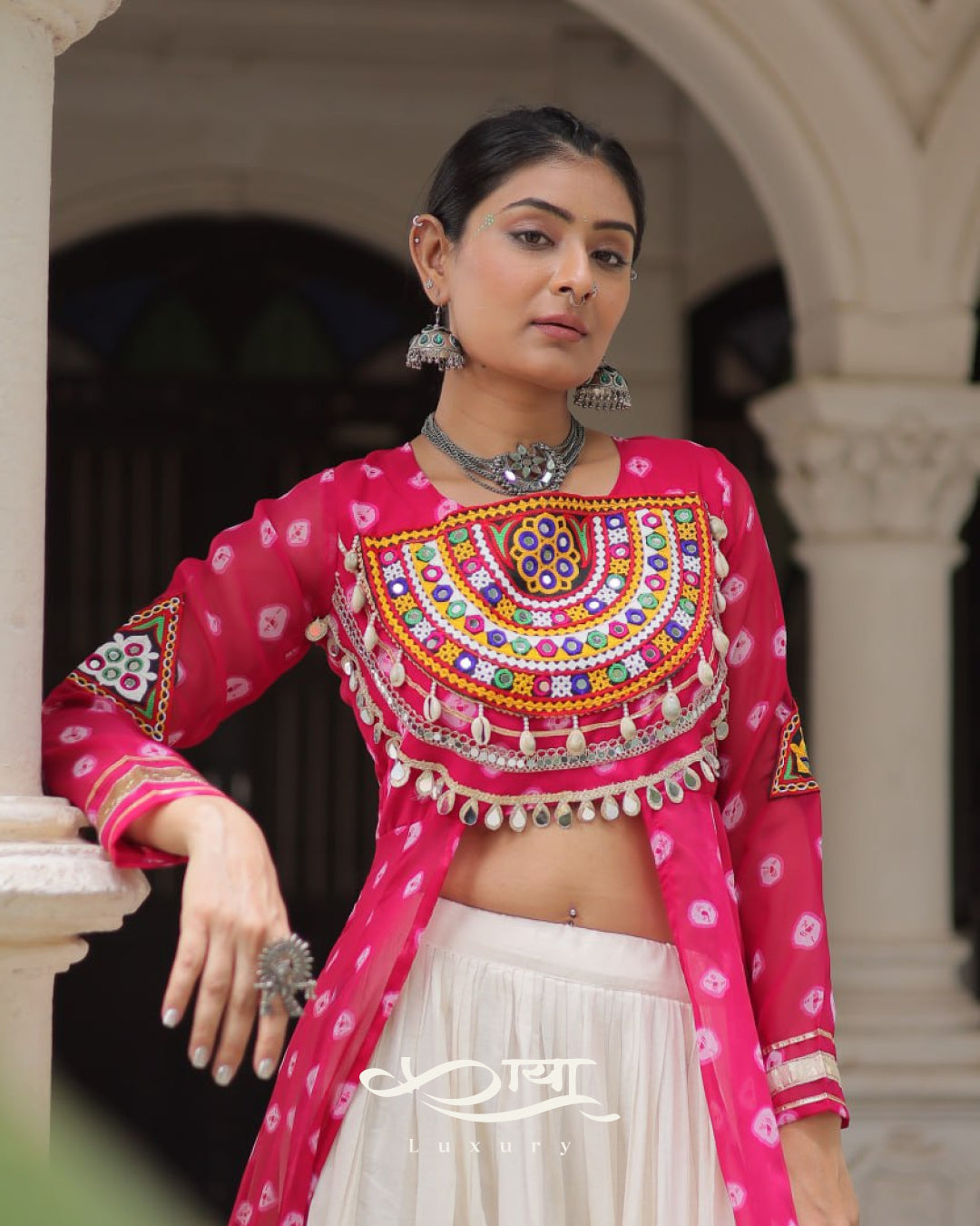 12-Meter Flair Kora Cotton Lehenga with Bandhani Kutchi Patchwork Georgette Kurti| Navratri Collection 2025