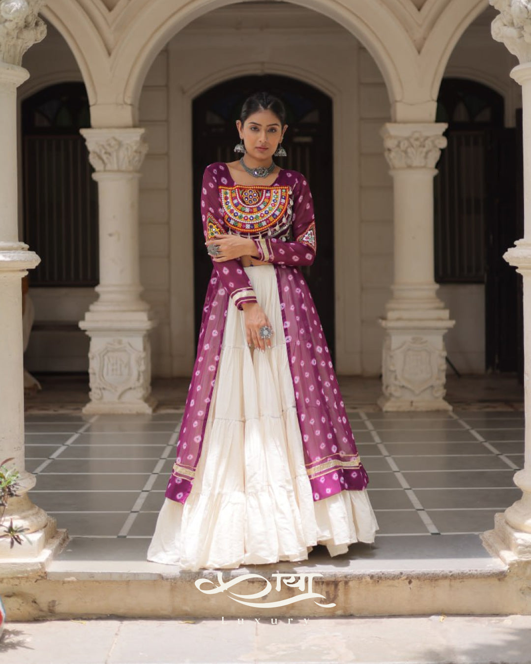 12-Meter Flair Kora Cotton Lehenga with Bandhani Kutchi Patchwork Georgette Kurti| Navratri Collection 2025