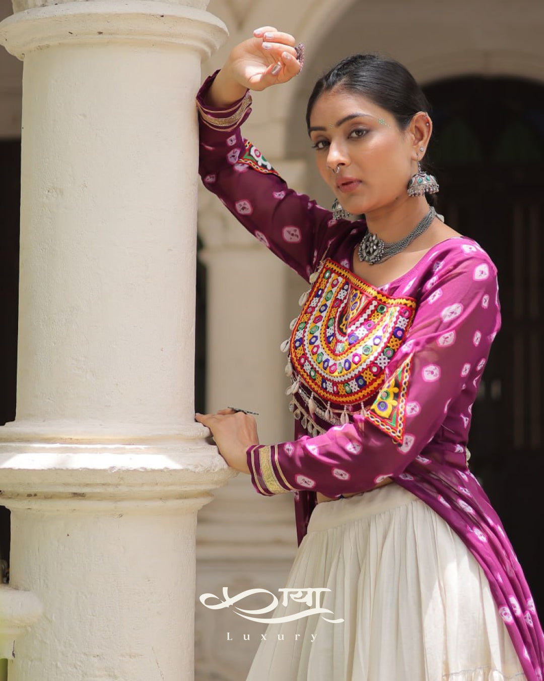 12-Meter Flair Kora Cotton Lehenga with Bandhani Kutchi Patchwork Georgette Kurti| Navratri Collection 2025