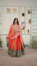 Sunset Chinon Silk Printed and Embroidered Lehenga Ensemble